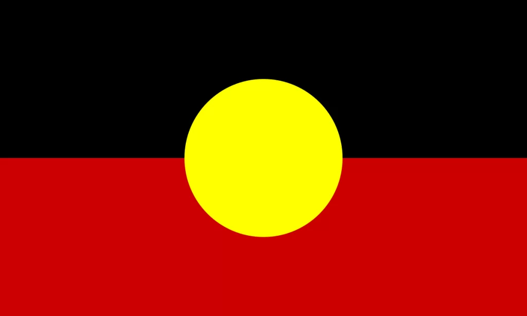 A yellow circle on the top of an aboriginal flag.