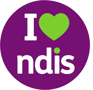 A purple button with the words " i love ndis ".